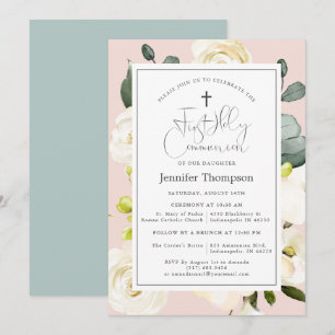 Rosa Watercolor Blommigt First Communion Inbjudningar