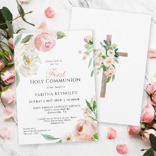 Rosa Watercolor Blommigt First Communion Inbjudningar