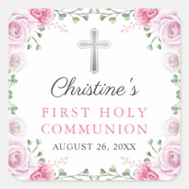 Rosa Watercolor Blommigt First Heliga Communion Fyrkantigt Klistermärke