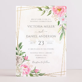 Rosa Watercolor Blommigt Geometric Guld Bröllop Inbjudningar