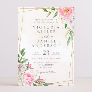 Rosa Watercolor Blommigt Geometric Guld Bröllop Inbjudningar