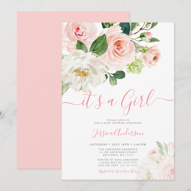 Rosa Watercolor Blommigt Girl Baby Shower Inbjudningar (Fram/baksida)