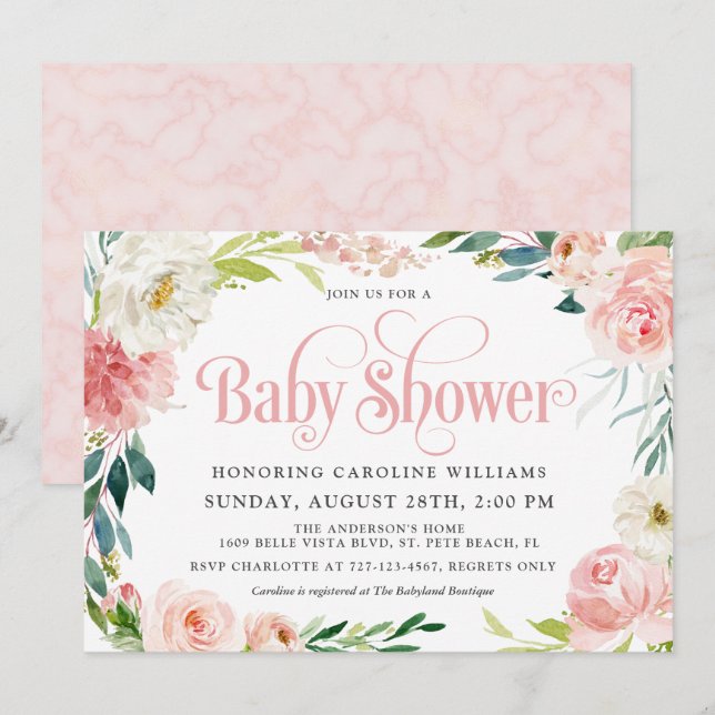  Rosa Watercolor Blommigt Girl Baby Shower Inbjudningar (Fram/baksida)
