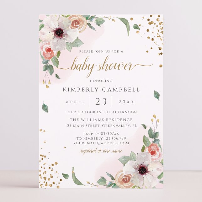 Rosa Watercolor Blommigt Girl Baby Shower Inbjudningar (Skapare uppladdad)