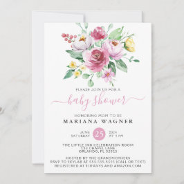 Rosa Watercolor Blommigt Girl Baby Shower Inbjudningar