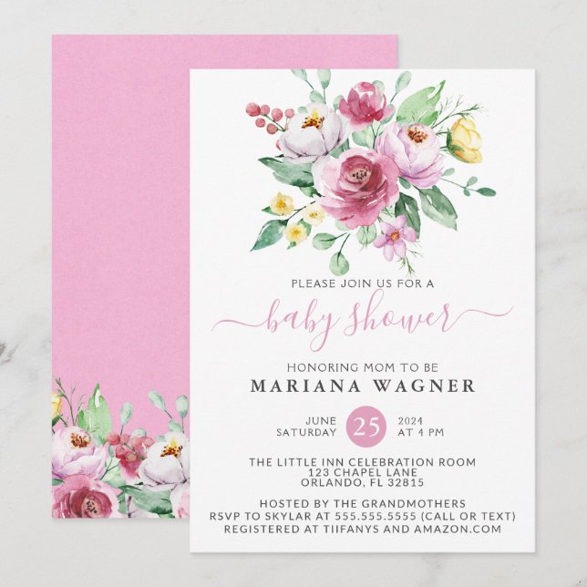 Rosa Watercolor Blommigt Girl Baby Shower Inbjudningar (Fram/baksida)