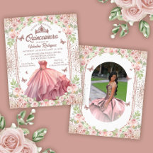 Rosa Watercolor Blommigt Glitter Quinceanera