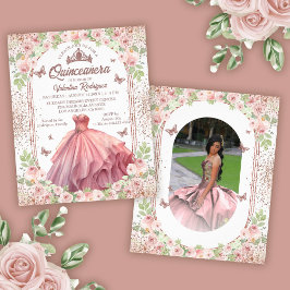  Rosa Watercolor Blommigt Glitter Quinceanera Flygblad