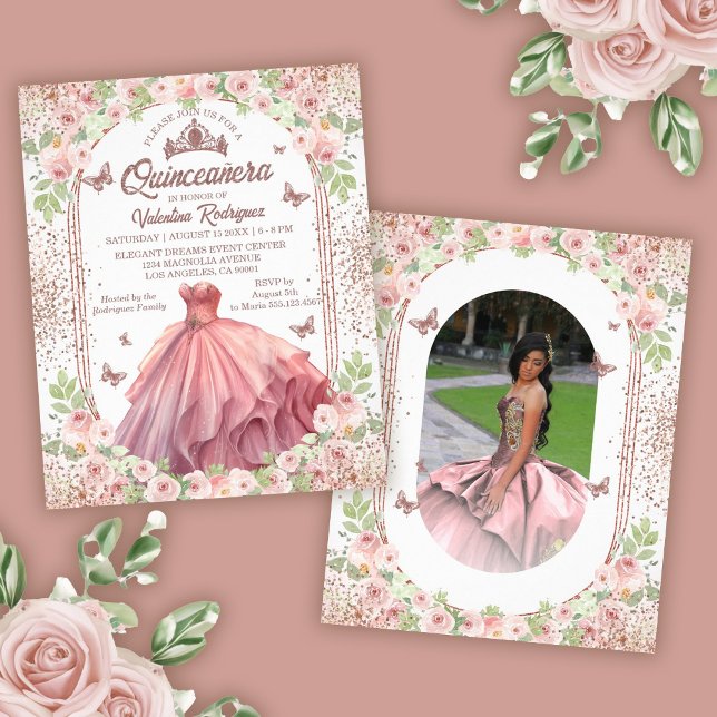  Rosa Watercolor Blommigt Glitter Quinceanera Flygblad (Budget Rose Gold Floral Quinceanera Invitation Flyer)