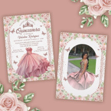 Rosa Watercolor Blommigt Glitter Quinceanera