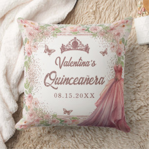  Rosa Watercolor Blommigt Glitter Quinceanera Kudde