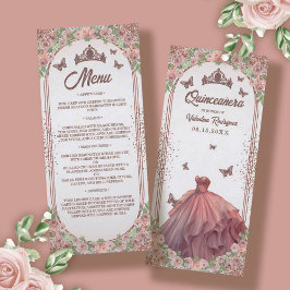  Rosa Watercolor Blommigt Glitter Quinceanera Meny