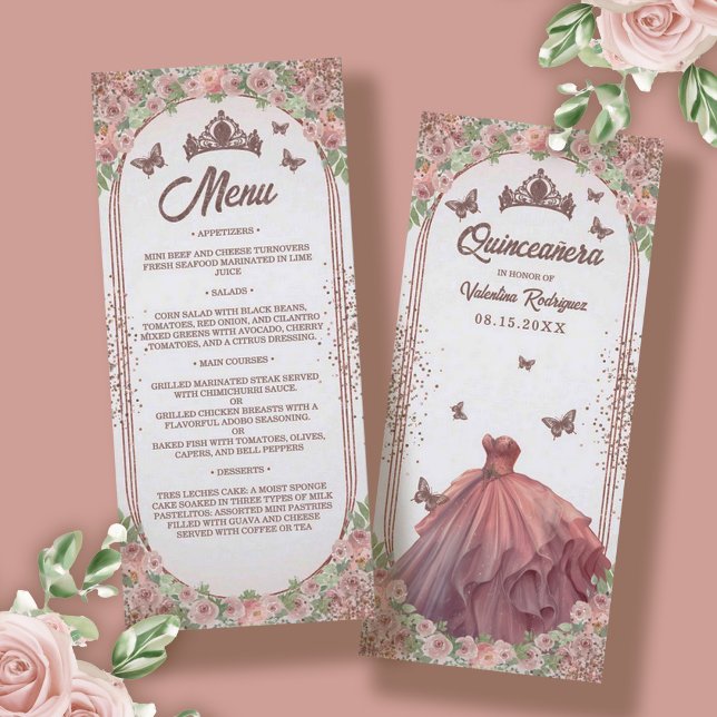  Rosa Watercolor Blommigt Glitter Quinceanera Meny (Elegant Rose Gold Glitter Floral Quinceanera Menu)