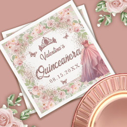 Rosa Watercolor Blommigt Glitter Quinceanera Pappersservett