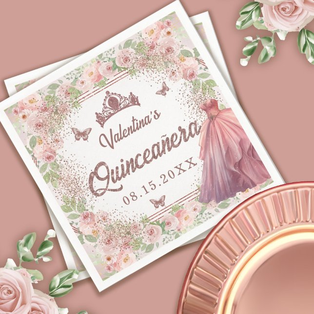  Rosa Watercolor Blommigt Glitter Quinceanera Pappersservett (Blush Pink Watercolor Floral Glitter Quinceanera Napkins)