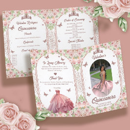  Rosa Watercolor Blommigt Glitter Quinceanera Program