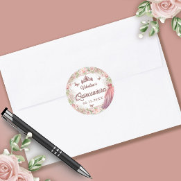 Rosa Watercolor Blommigt Glitter Quinceanera Runt Klistermärke