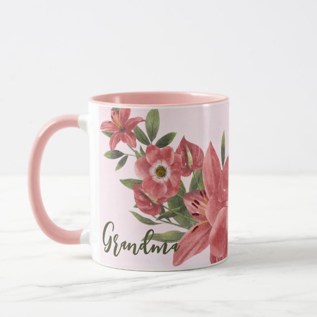 Rosa Watercolor Blommigt Grandma Mugg (Vänster)