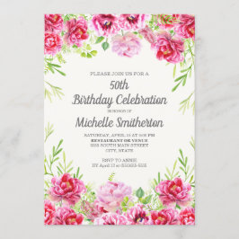 Rosa Watercolor Blommigt Greenery 50:e födelsedage Inbjudningar