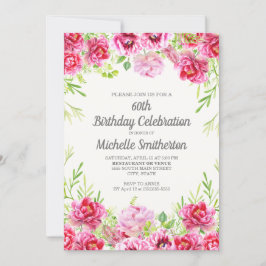 Rosa Watercolor Blommigt Greenery 60 Birthday Inbjudningar