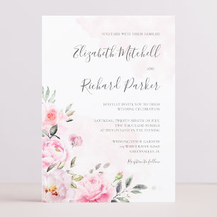 Rosa Watercolor Blommigt Greenery Bröllop Inbjudningar