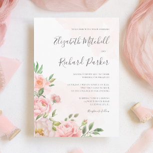 Rosa Watercolor Blommigt Greenery Bröllop Inbjudningar