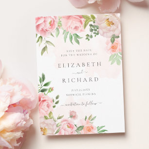 Rosa Watercolor Blommigt Greenery Bröllop Spara Datumet