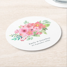 Rosa Watercolor Blommigt Greenery Namn Date Bröllo Underlägg Papper Rund