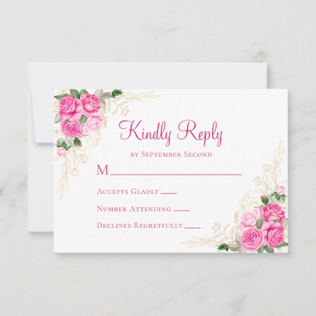 Rosa Watercolor Blommigt Guld Bröllop OSA Card (Framsida)