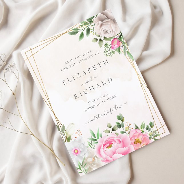 Rosa Watercolor Blommigt Guld Geometric Bröllop Spara Datumet (Skapare uppladdad)