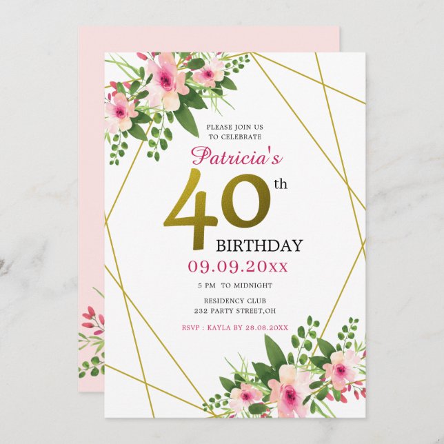 Rosa Watercolor Blommigt Guld Glitter 40:e födelse Inbjudningar (Fram/baksida)