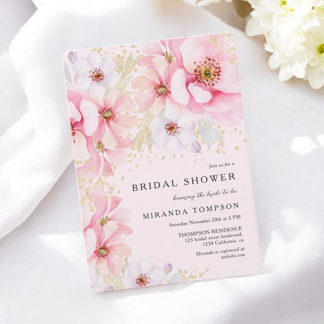 Rosa Watercolor Blommigt Guld Glitter Möhippa Inbjudningar (Pink Watercolor Floral Gold Glitter Bridal Shower Invitation)