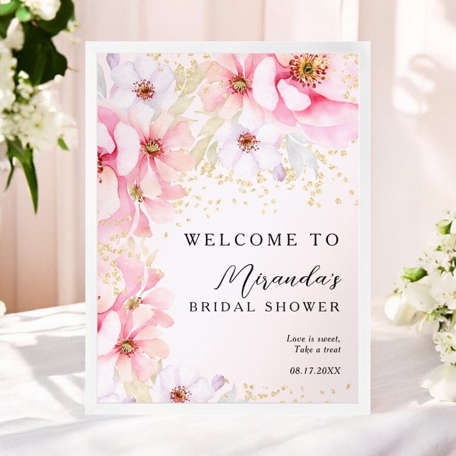 Rosa Watercolor Blommigt Guld Glitter Möhippa Poster (Pink Watercolor Floral Gold Glitter Bridal Shower Poster)
