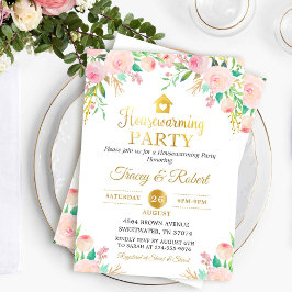 Rosa Watercolor Blommigt Guld Houseuppvärmning Inb Inbjudningar