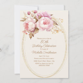 Rosa Watercolor Blommigt Guld Ram 80:e födelsedage Inbjudningar