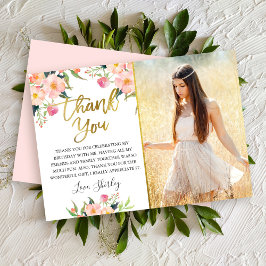 Rosa Watercolor Blommigt Guld Script Birthday Phot Tack Kort