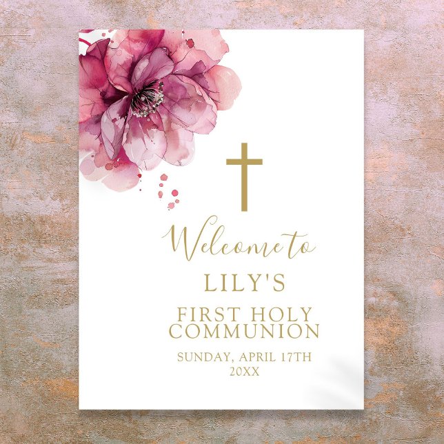 Rosa Watercolor Blommigt Heliga Communion Välkomst Poster (Pink Watercolor Floral Holy Communion Welcome Sign)