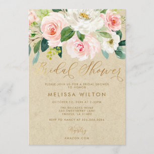 Rosa Watercolor Blommigt Kraft Möhippa Inbjudningar