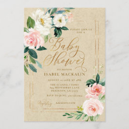 Rosa Watercolor Blommigt Kraft Rustic Baby Shower Inbjudningar