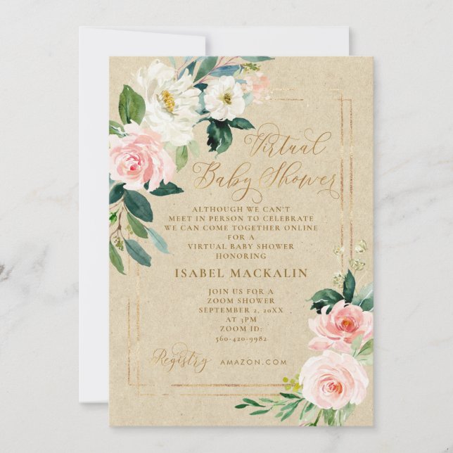 Rosa Watercolor Blommigt Kraft Virtuell Baby Showe Inbjudningar (Framsida)