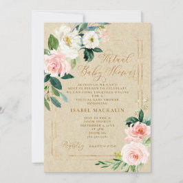 Rosa Watercolor Blommigt Kraft Virtuell Baby Showe Inbjudningar
