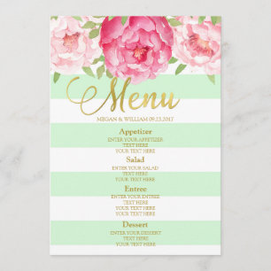 Rosa Watercolor Blommigt Mint Rand Bröllop Menu Meny