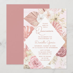 Rosa Watercolor Blommigt Modern Rustic Quinceañera Inbjudningar