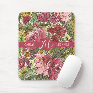 Rosa Watercolor Blommigt Monogram med Namn Musmatta