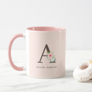 Rosa Watercolor Blommigt Monogram Mugg