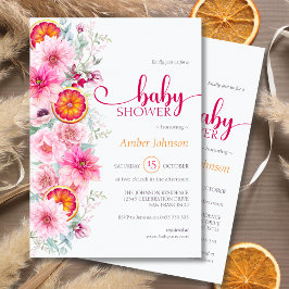 Rosa Watercolor Blommigt och Citrus Baby Shower Inbjudningar