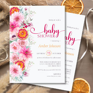 Rosa Watercolor Blommigt och Citrus Baby Shower Inbjudningar