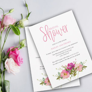 Rosa Watercolor Blommigt Par Möhippa Inbjudningar