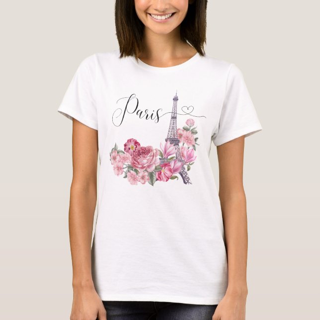 Rosa Watercolor Blommigt Paris Cityscape T Shirt (Framsida)