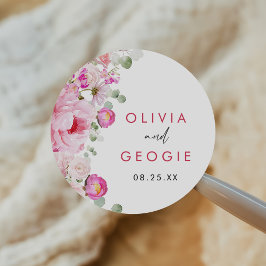  Rosa Watercolor Blommigt Peony Bröllop Runt Klistermärke